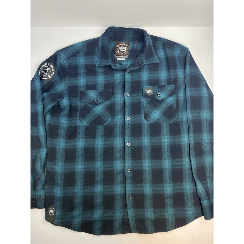 Relentless Betrayal Shirt Mens 2XL Blue Black Plaid Flannel Embroidered Patch